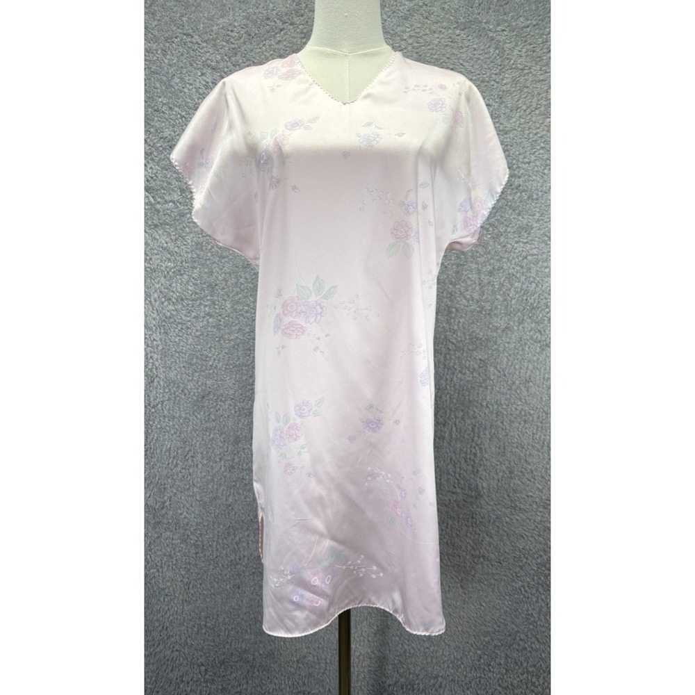 Vtg Jennifer Dale Pink Satin Floral Nightgown Petite 7 Small Short Sleeve Sleeve